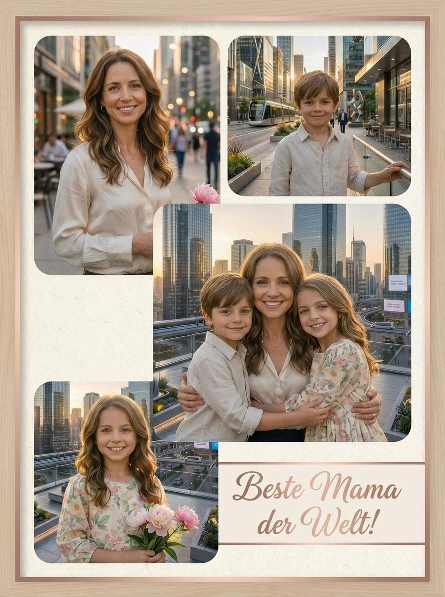 Künstlerische Muttertags-Collage mit Stadt-Szenen und dem Text Beste Mama der Welt.