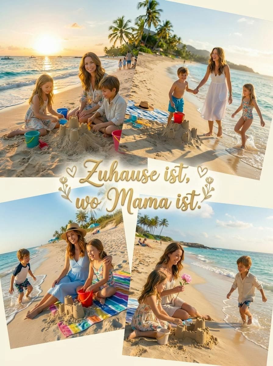 Emotionale KI-generierte Muttertags-Collage mit Strand-Szenen und dem Schriftzug Zuhause ist, wo Mama ist.