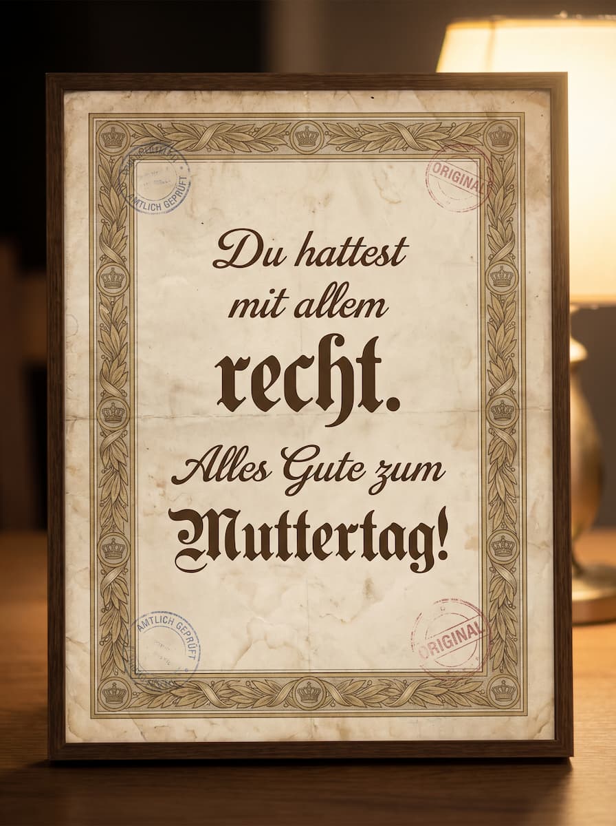 Lustiges Muttertagsbild im Stil einer alten Urkunde mit dem Spruch Du hattest mit allem recht. Alles Gute zum Muttertag!