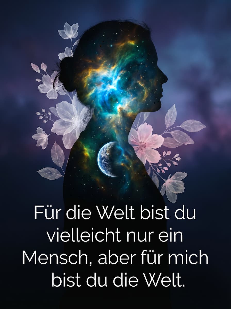 Kunstvolles Doppelbelichtungsbild mit einer Galaxy und der Erde in der Silhouette einer Mutter, mit dem Spruch Für die Welt bist du vielleicht nur ein Mensch, aber für mich bist du die Welt.