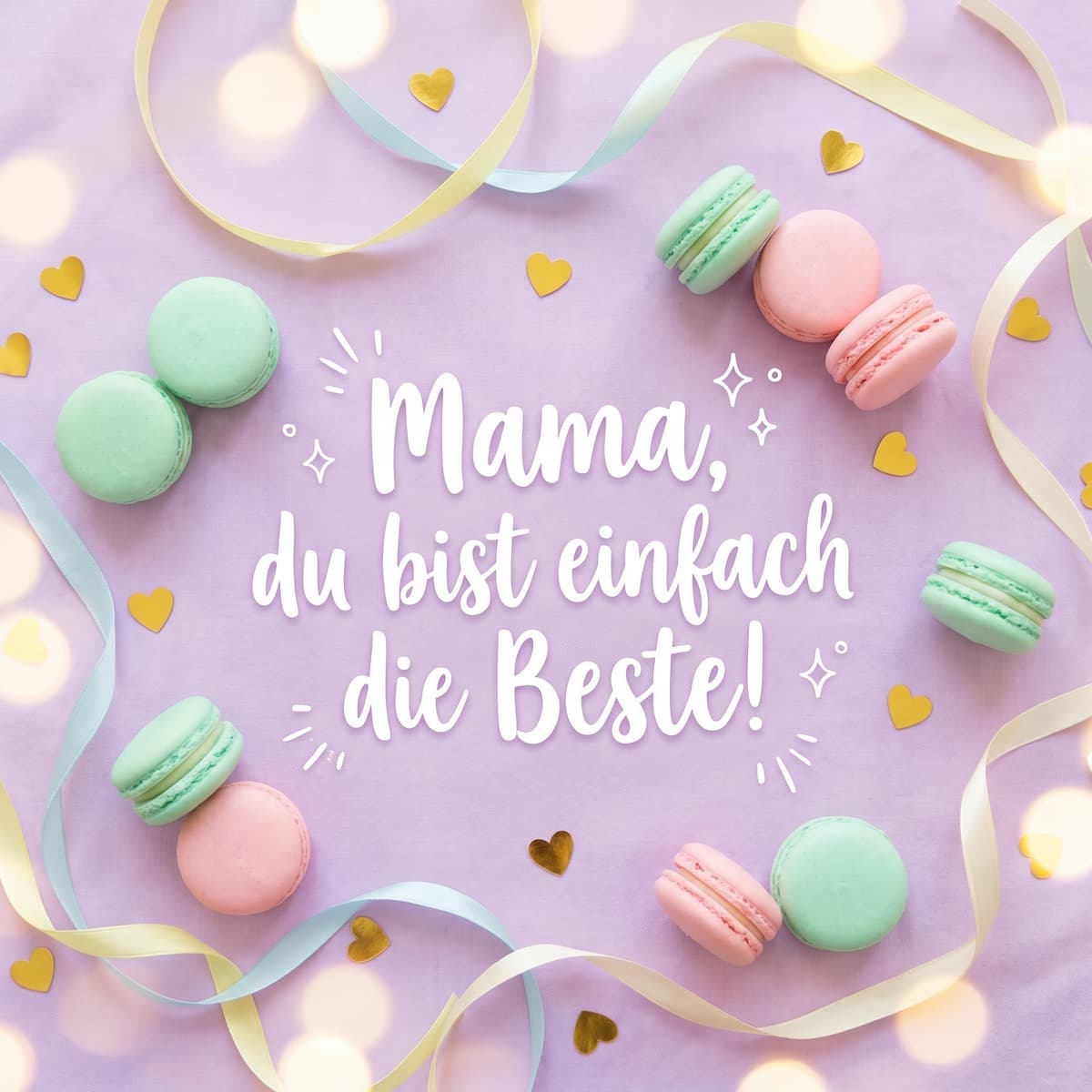 Farbenfrohes Muttertagsbild in Pastelltönen mit Macarons, Herz-Konfetti und dem Schriftzug Mama, du bist einfach die Beste!