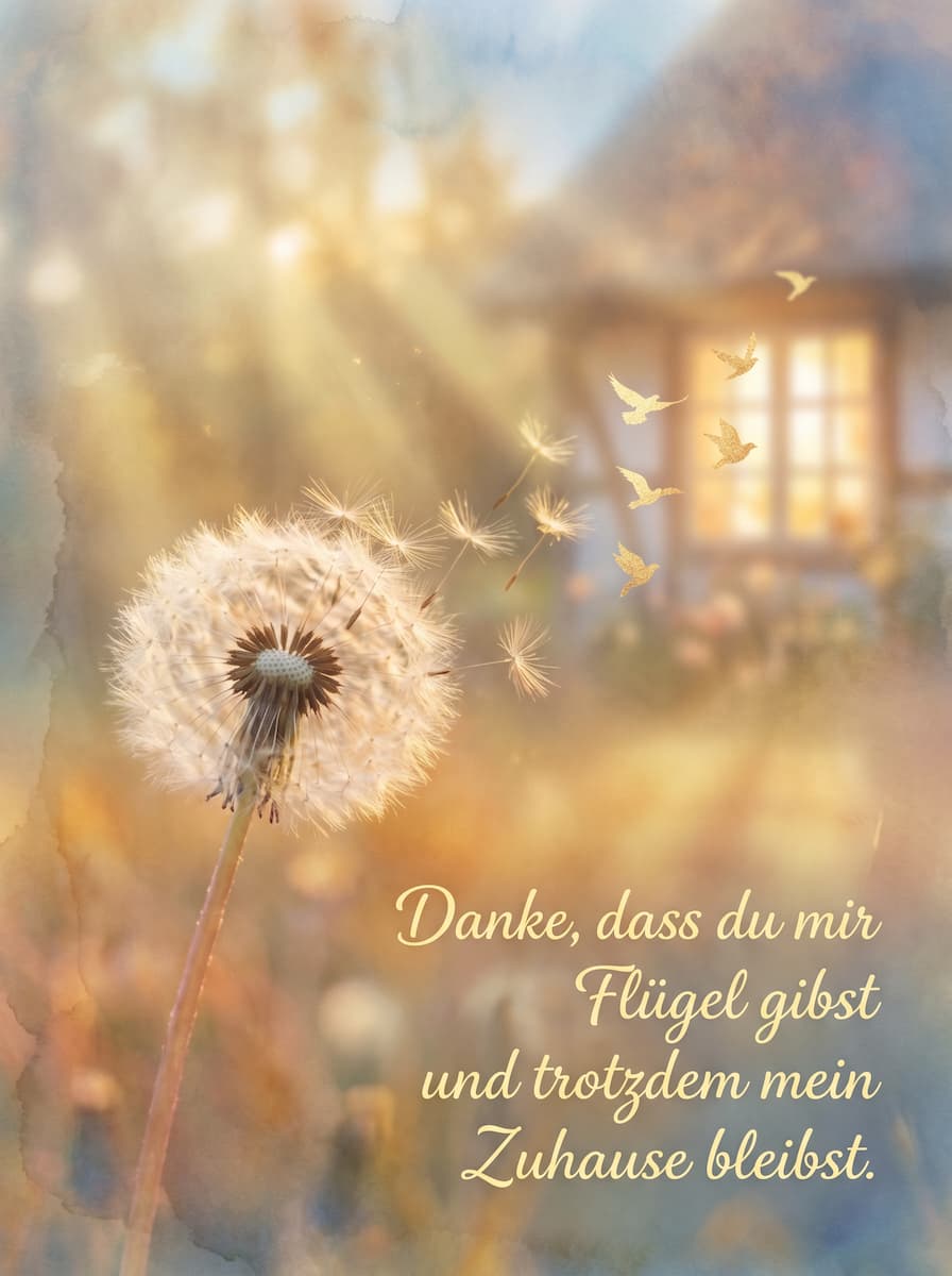 Künstlerische Aquarell-Illustration einer Pusteblume, deren Samen sich in Vögel verwandeln, mit dem Spruch Danke, dass du mir Flügel gibst und trotzdem mein Zuhause bleibst.