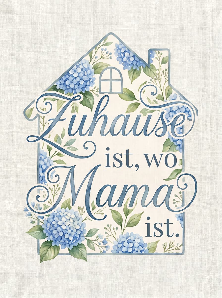 Künstlerisches Design eines Hauses gefüllt mit blauen Hortensien und dem Spruch Zuhause ist, wo Mama ist.