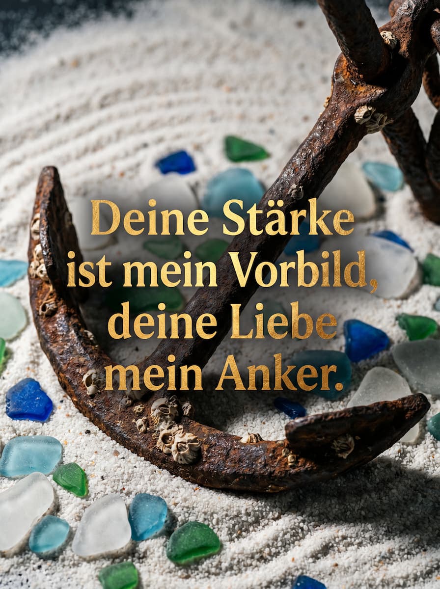 Rostiger Anker im Sand mit Seeglas und dem kraftvollen Spruch Deine Stärke ist mein Vorbild, deine Liebe mein Anker.
