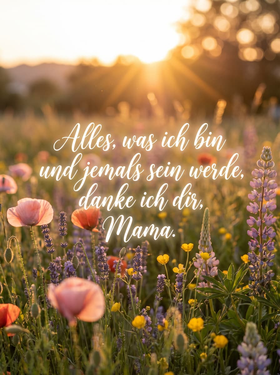 Lichtdurchflutetes Wildblumenfeld im Sonnenuntergang mit dem berührenden Muttertagsspruch Alles, was ich bin und jemals sein werde, danke ich dir, Mama.