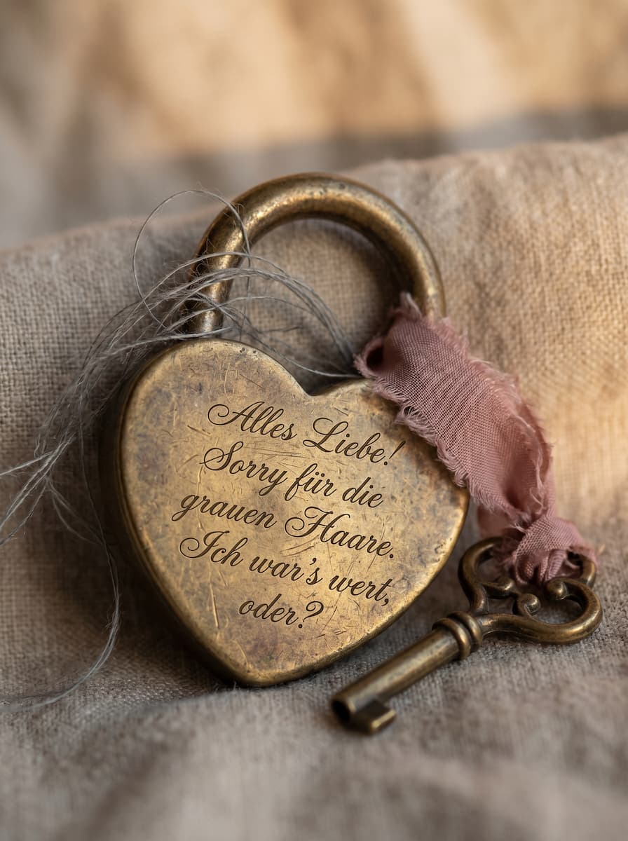 Rustikales goldenes Herzschloss mit Schlüssel und dem humorvollen Spruch Alles Liebe! Sorry für die grauen Haare. Ich war’s wert, oder?