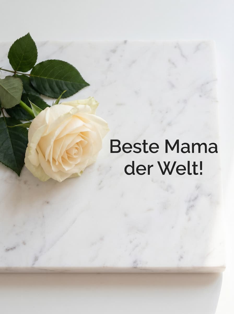 Minimalistisches Muttertagsbild auf weißem Marmor mit einer weißen Rose und dem Schriftzug Beste Mama der Welt!