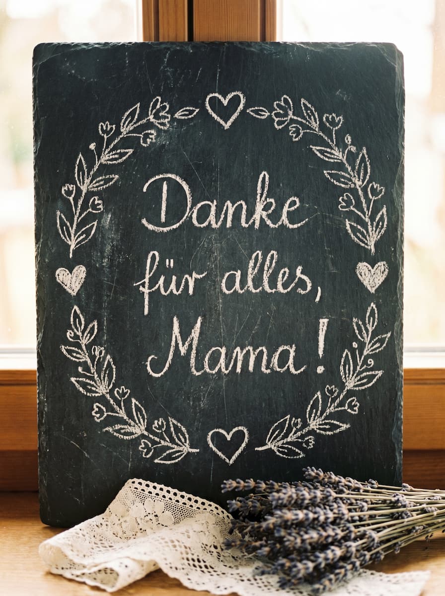 Rustikale Schiefertafel mit Kreide-Schriftzug Danke für alles, Mama umrahmt von einem Blumenkranz und Lavendel.