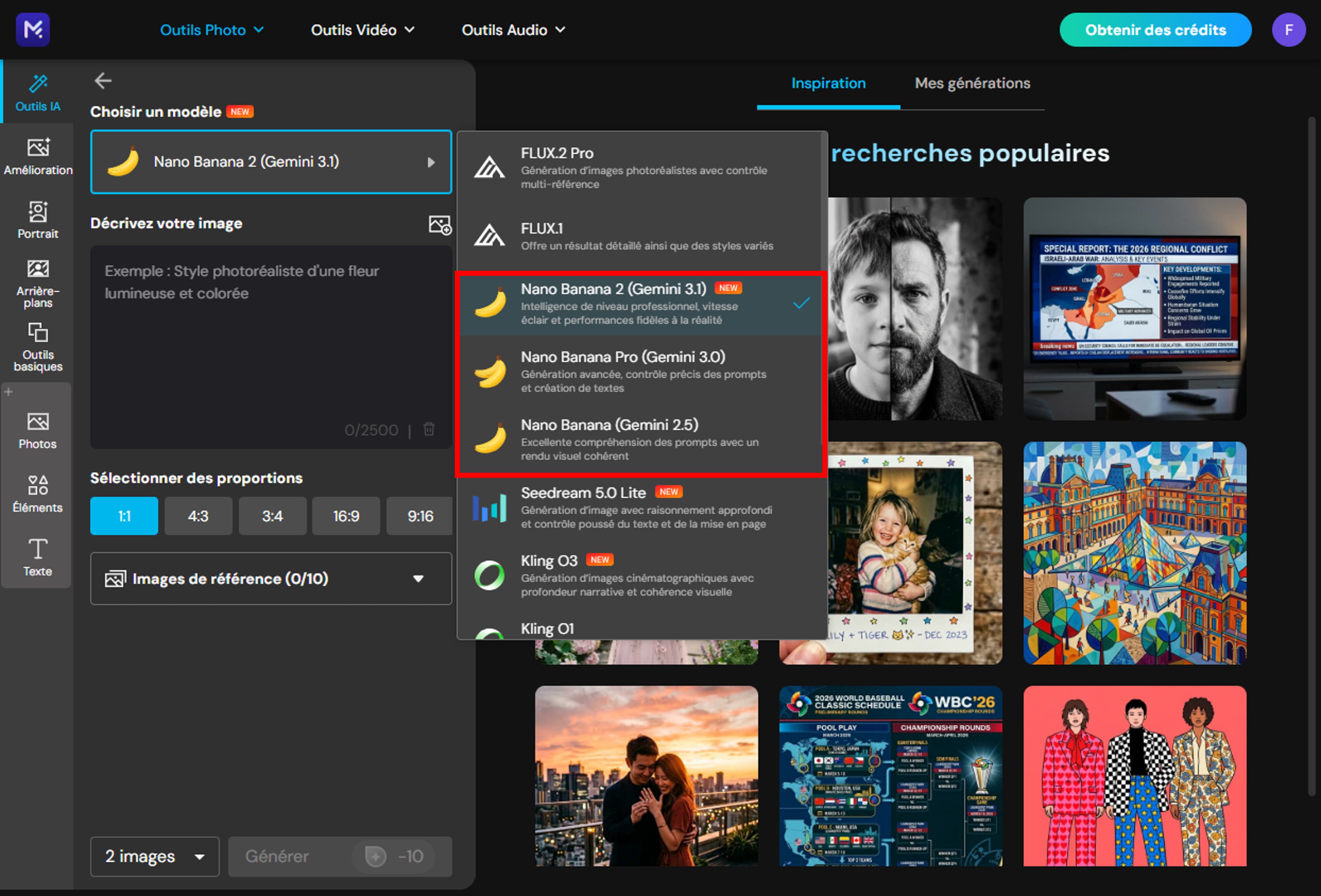 Sélection du modèle Nano Banana sur MyEdit pour une image du 1er mai