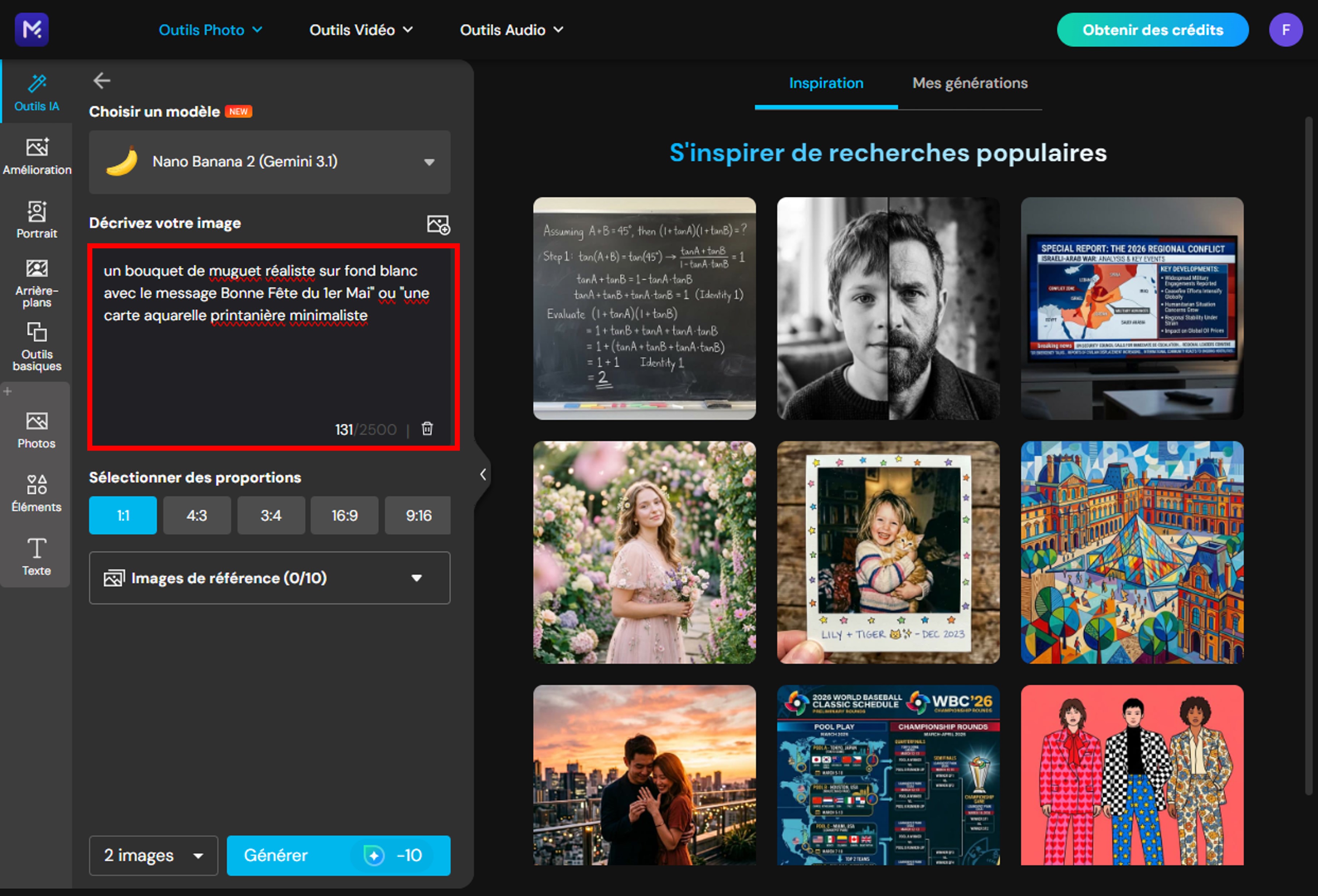 Saisie du prompt 1er mai dans le générateur d'images IA de MyEdit