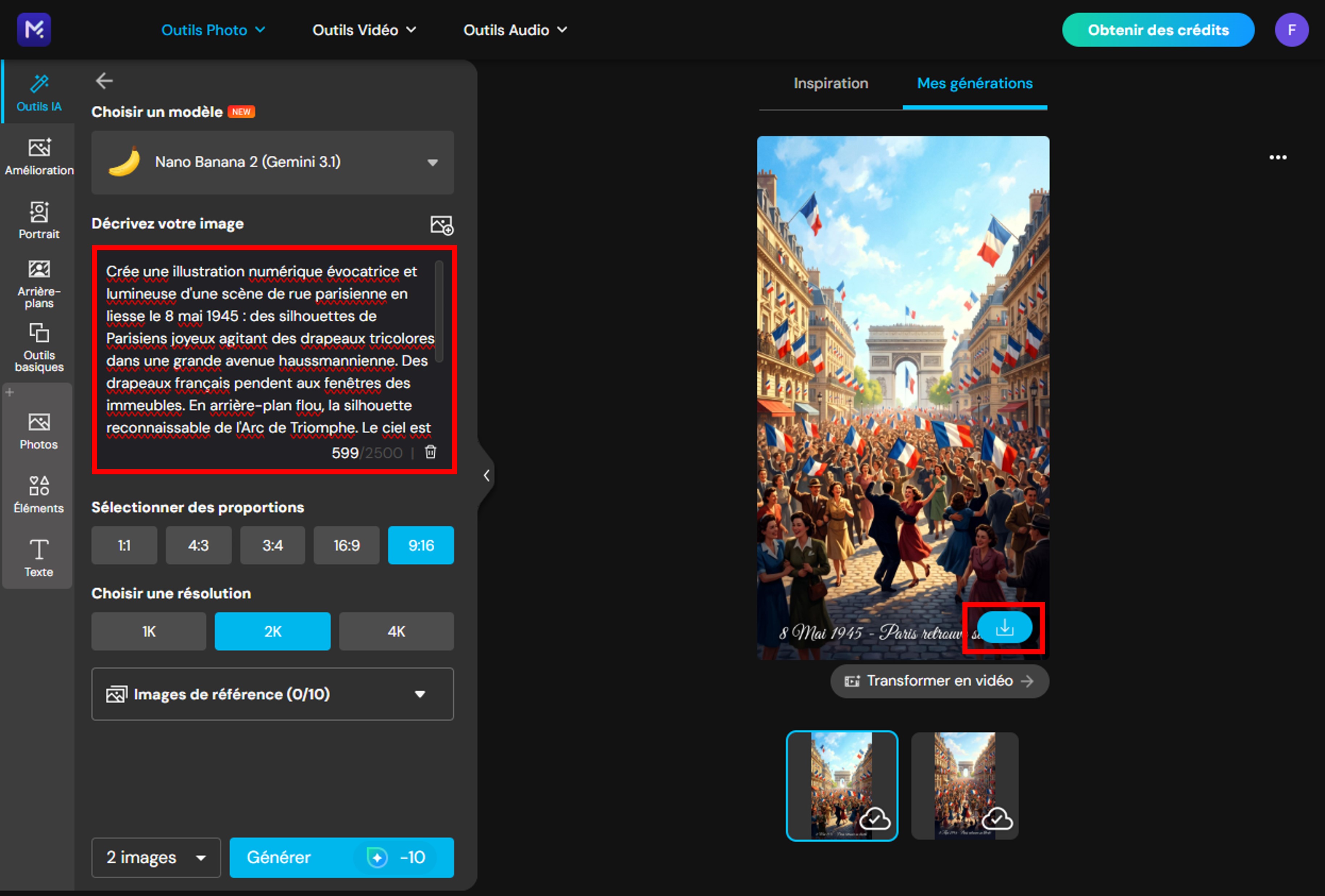 Saisie du prompt 8 mai dans le générateur d'images IA de MyEdit