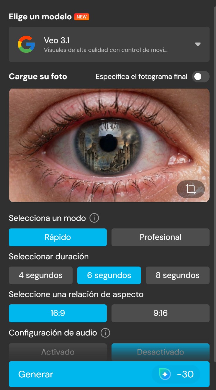 Interfaz del generador de imagen a video de MyEdit