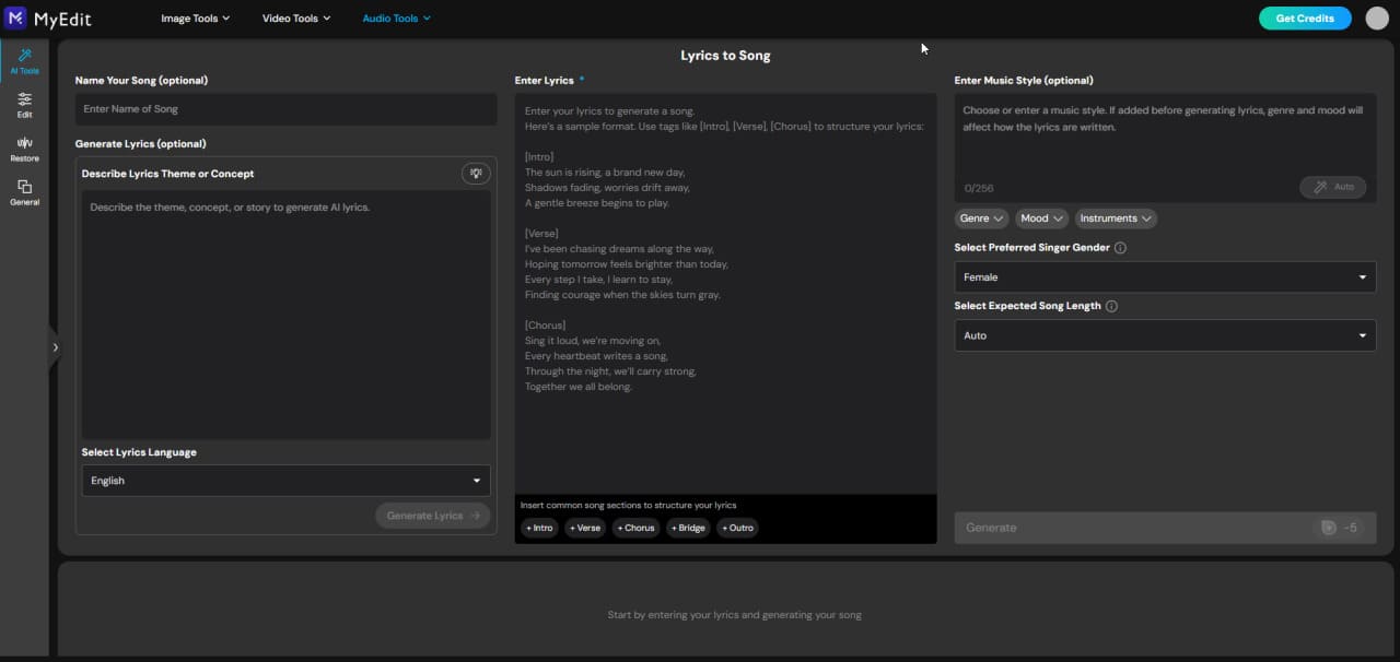 MyEdit AI song and lyrics generator interface