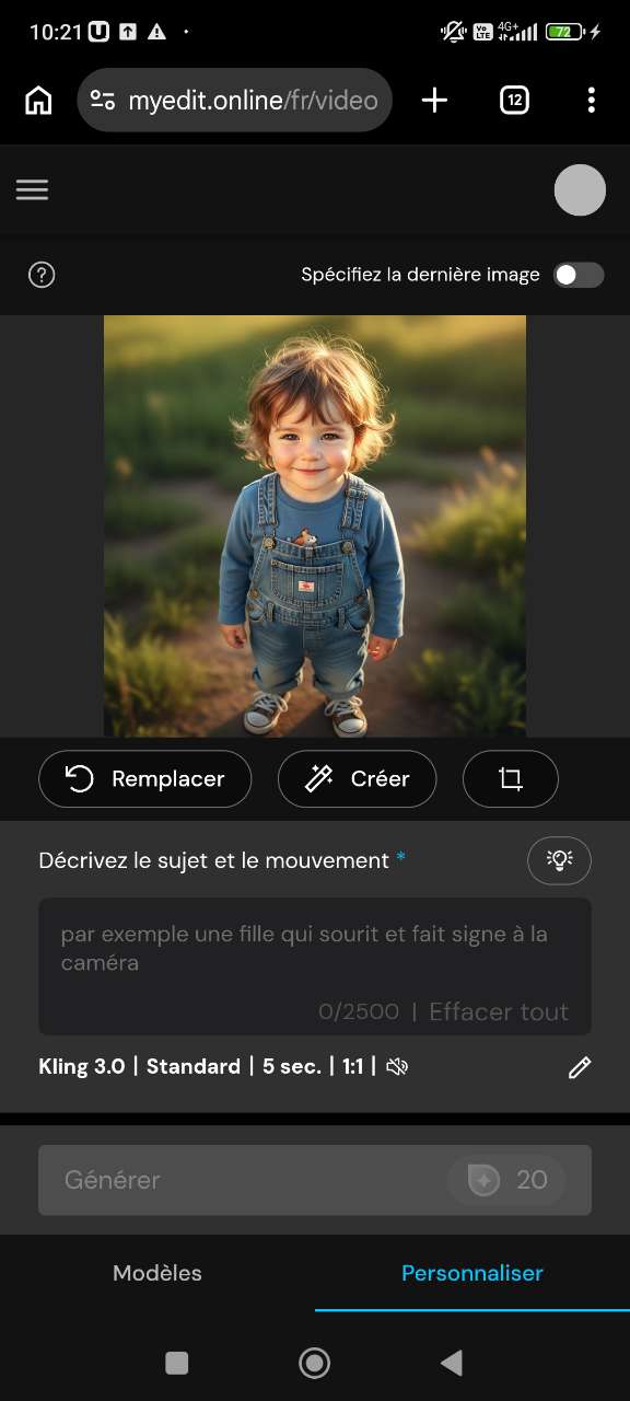 Animer une image avec l'IA en ligne avec MyEdit