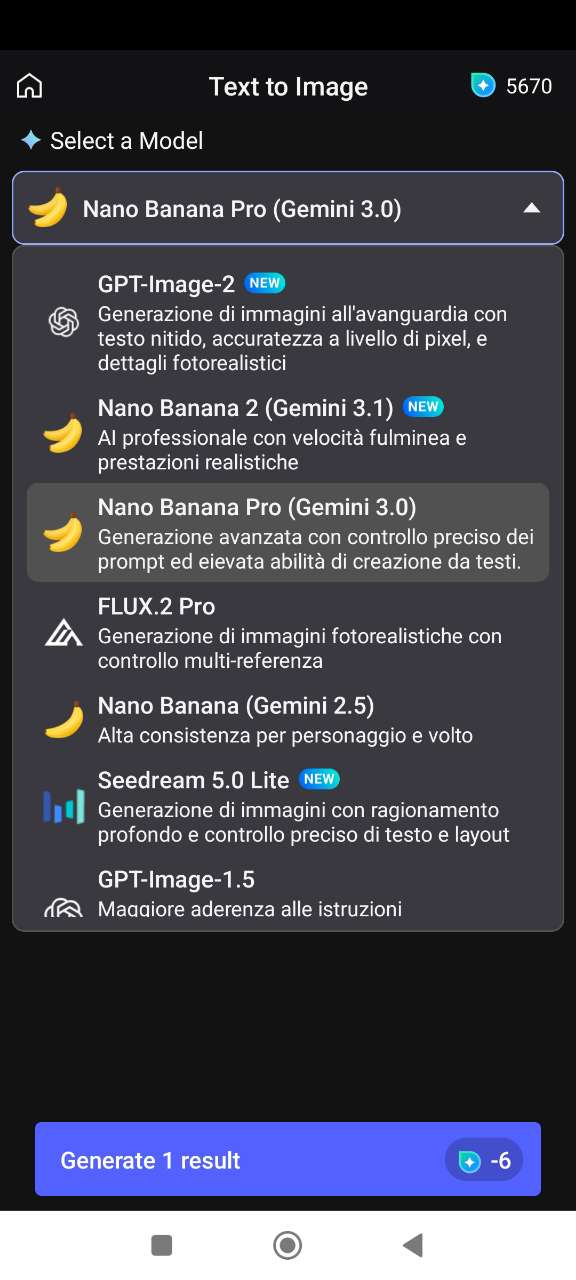 MyEdit App - selezione del modello AI