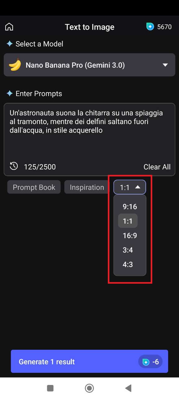 MyEdit App - inserimento del prompt e scelta del formato
