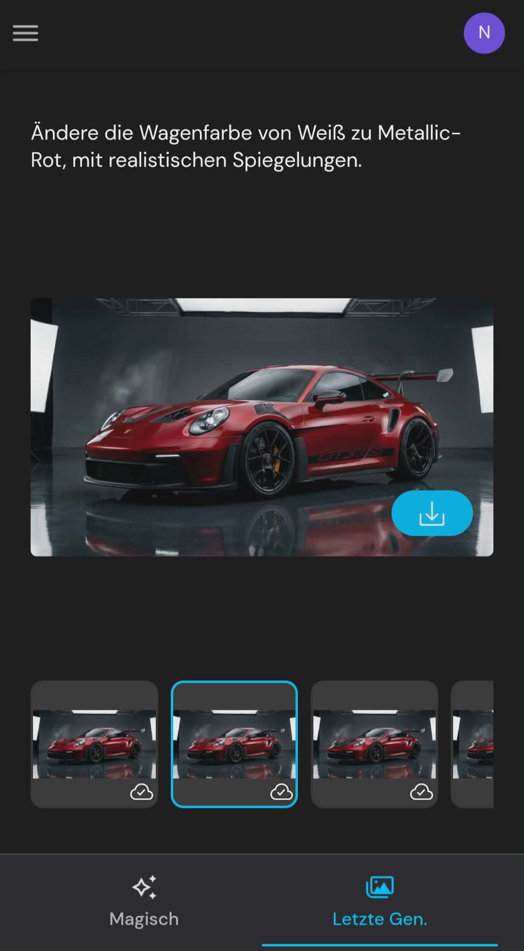 Das Ergebnis des KI-Farbwechsels in MyEdit: Der Porsche-Sportwagen wird in der Vorschau in Metallic-Rot angezeigt.