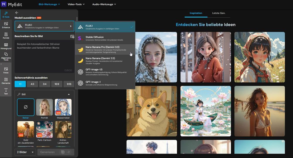 Bildmodell Nano Banana oder Nano Banana Pro wählen