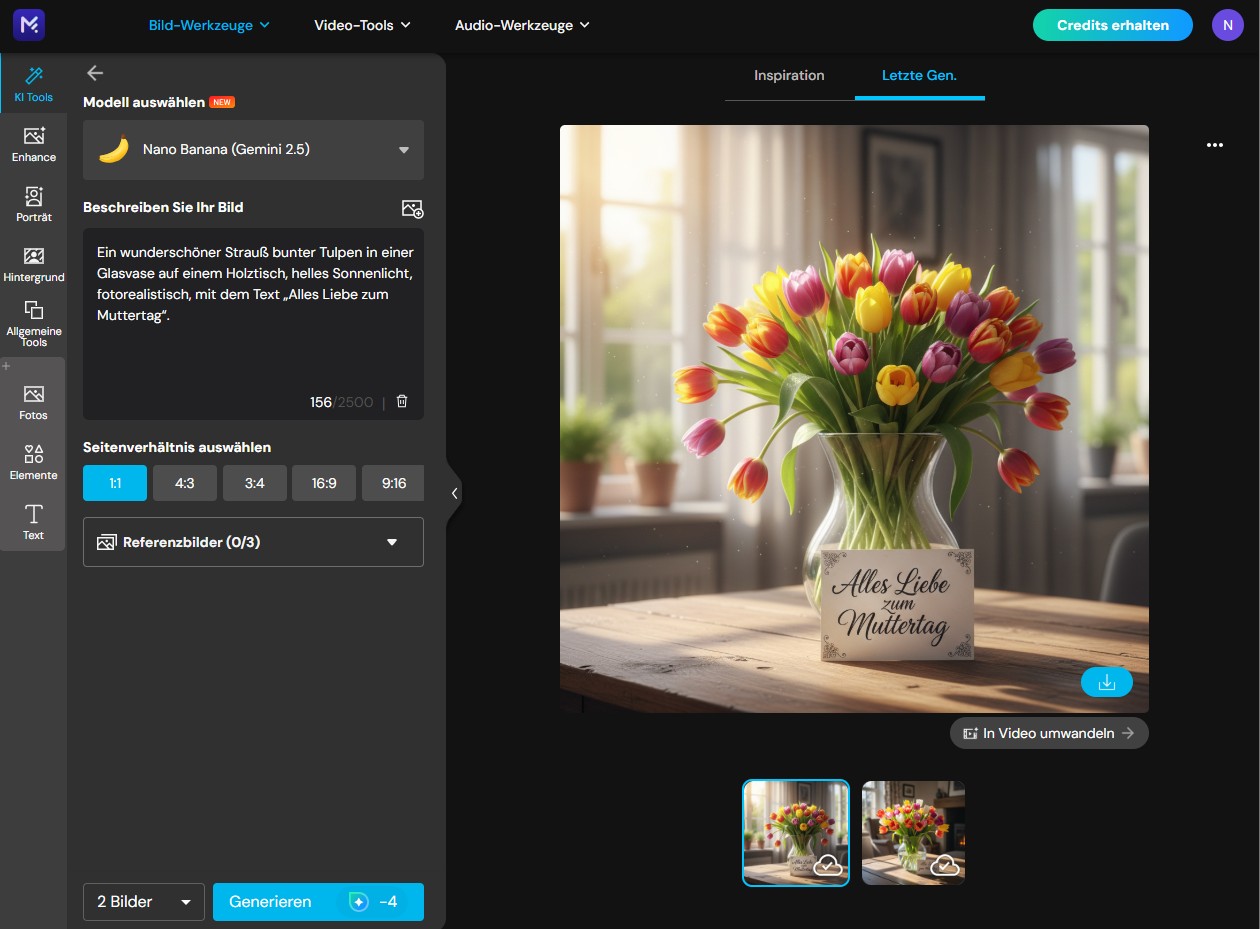 Screenshot der MyEdit Benutzeroberfläche zeigt die Erstellung eines KI-Muttertagsbildes mit Tulpen und dem Text Alles Liebe zum Muttertag.