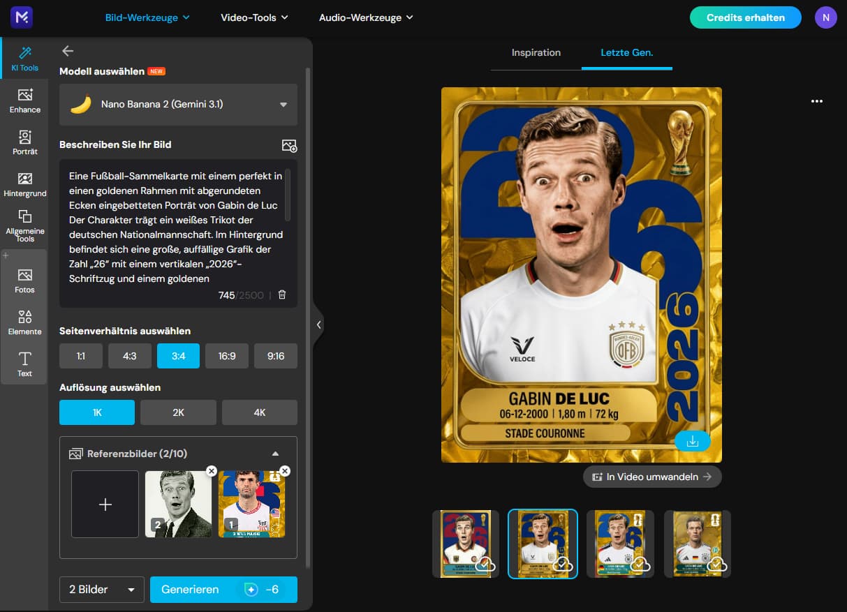 Benutzeroberfläche des MyEdit KI-Bildgenerators beim Erstellen einer personalisierten Fußball-Sammelkarte mit Text-Prompt und Referenzbildern.