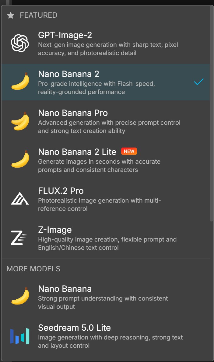Selecting the Nano Banana 2 model in the MyEdit AI Image Generator