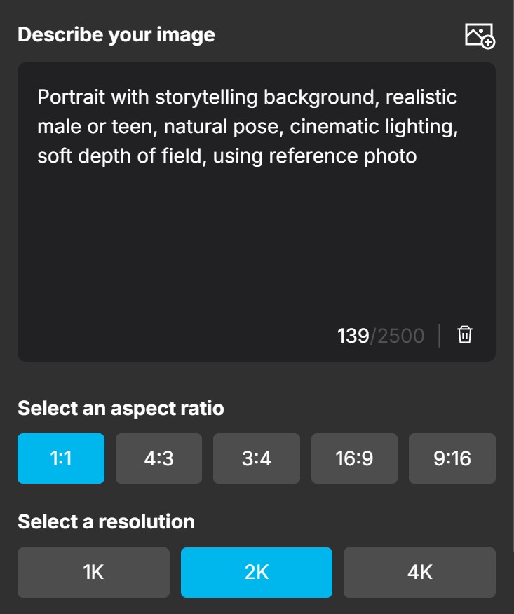 Pasting a portrait prompt and setting 2K output resolution in MyEdit