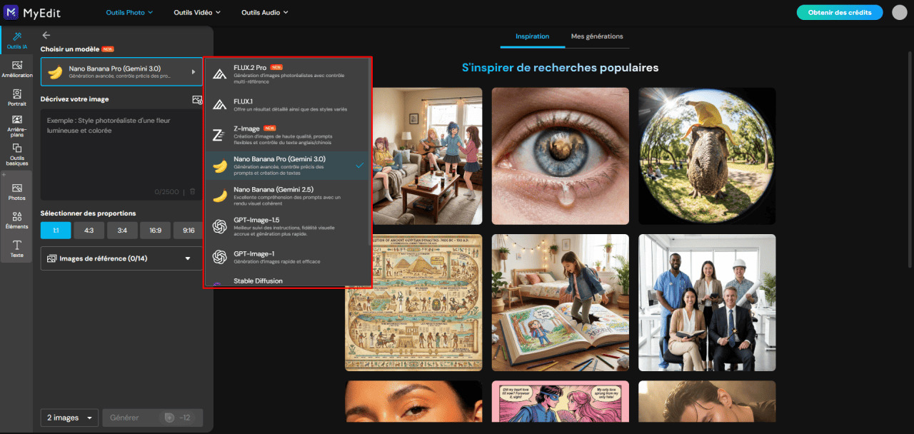 Sélectionner le modèle Nano Banana dans MyEdit pour créer une coiffure virtuelle