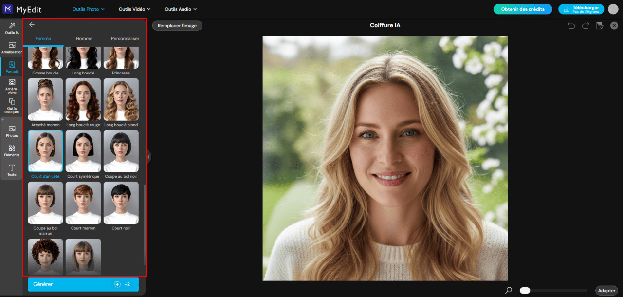 Sélectionner un modèle de coiffure dans MyEdit