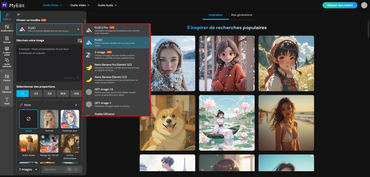 Sélection du modèle IA Nano Banana dans MyEdit