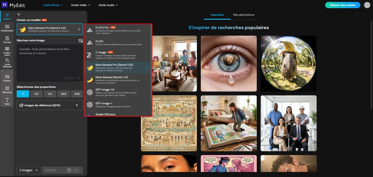 Choisir le modèle IA dans MyEdit pour images inspirantes