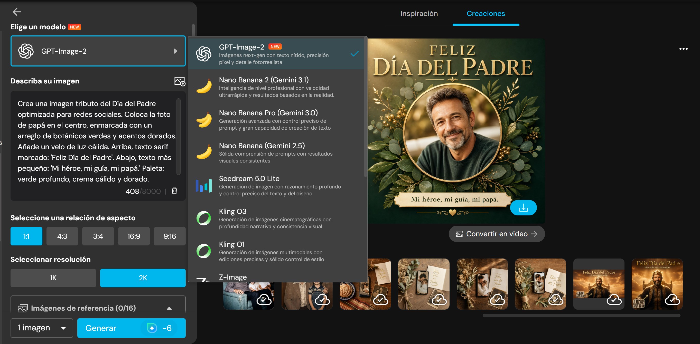 Elegir modelo y relación de aspecto en el Generador de Imágenes de MyEdit