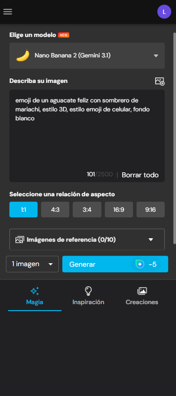 Selección de modelos de IA y prompt para crear emojis en MyEdit