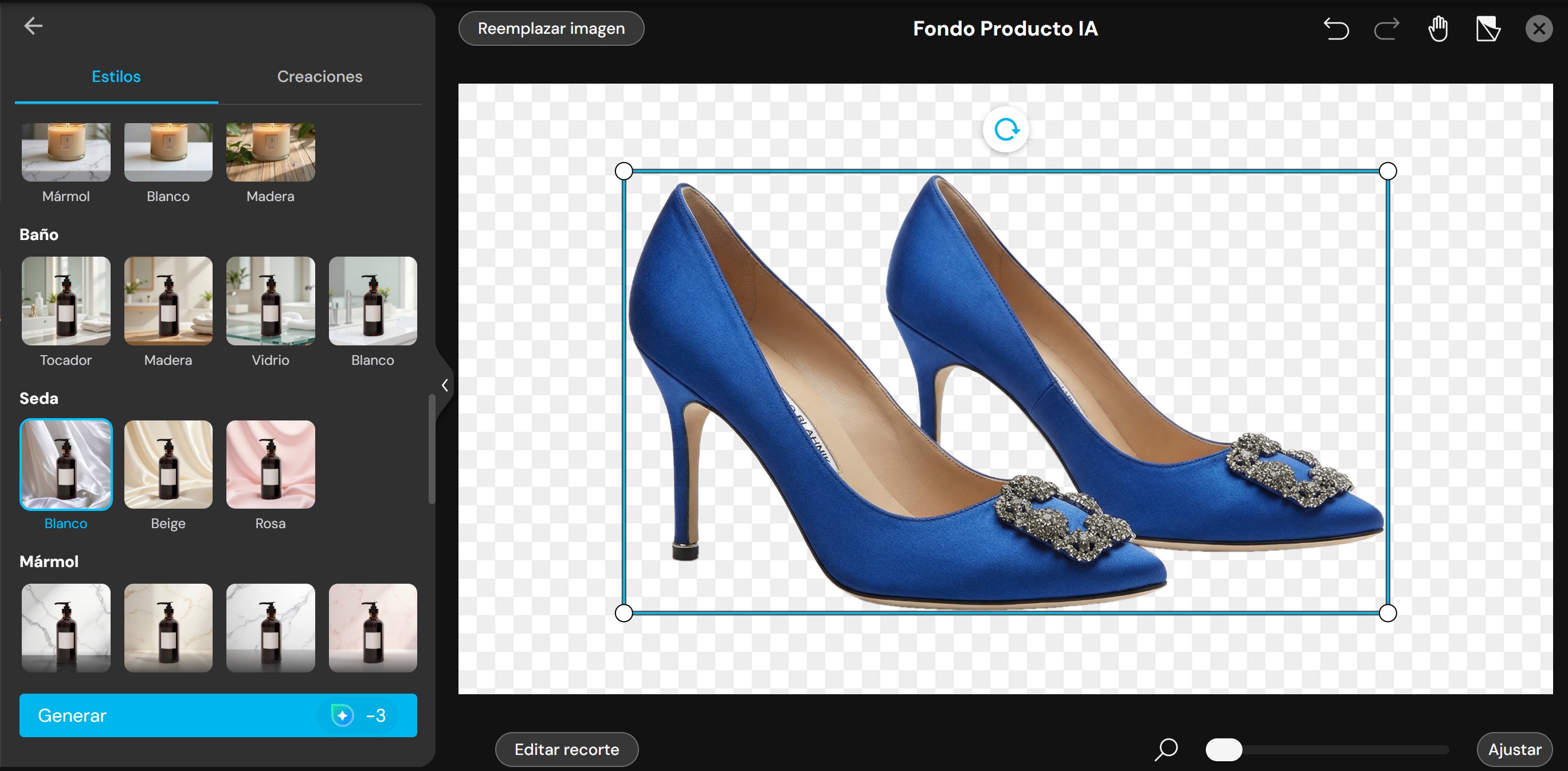 Interfaz de la herramienta de fondo de producto de MyEdit
