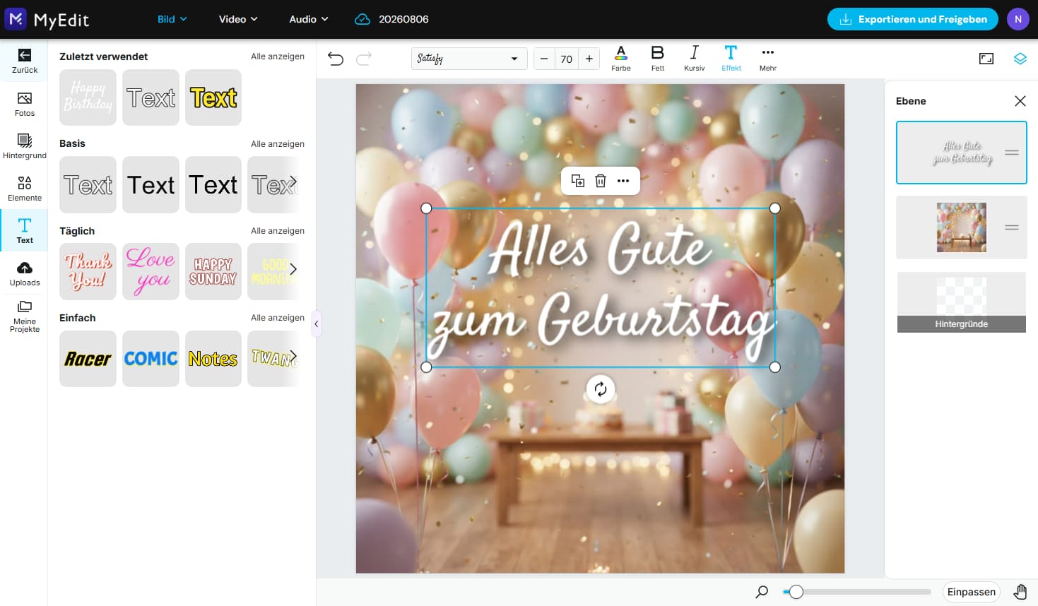 Einfügen des Schriftzugs 'Alles Gute zum Geburtstag' in weißer geschwungener Schrift auf dem generierten Hintergrundbild in MyEdit.