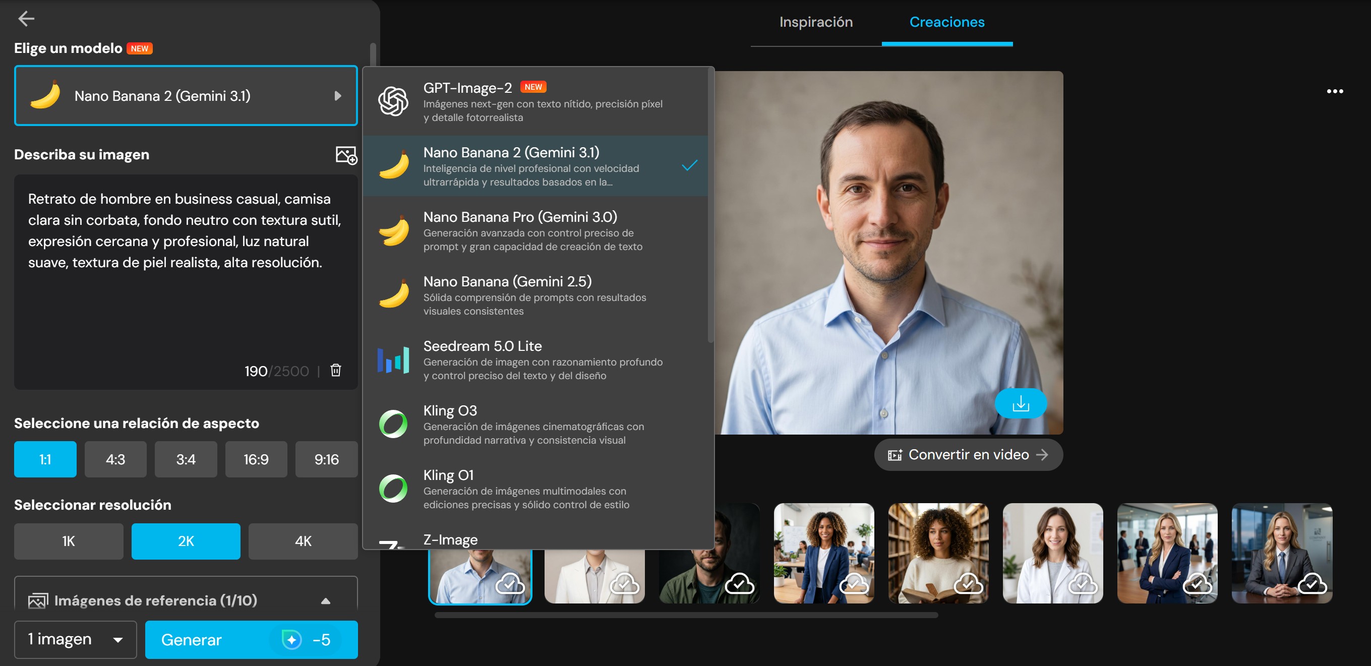 Interfaz del Generador de Imágenes con IA de MyEdit con selector de modelo