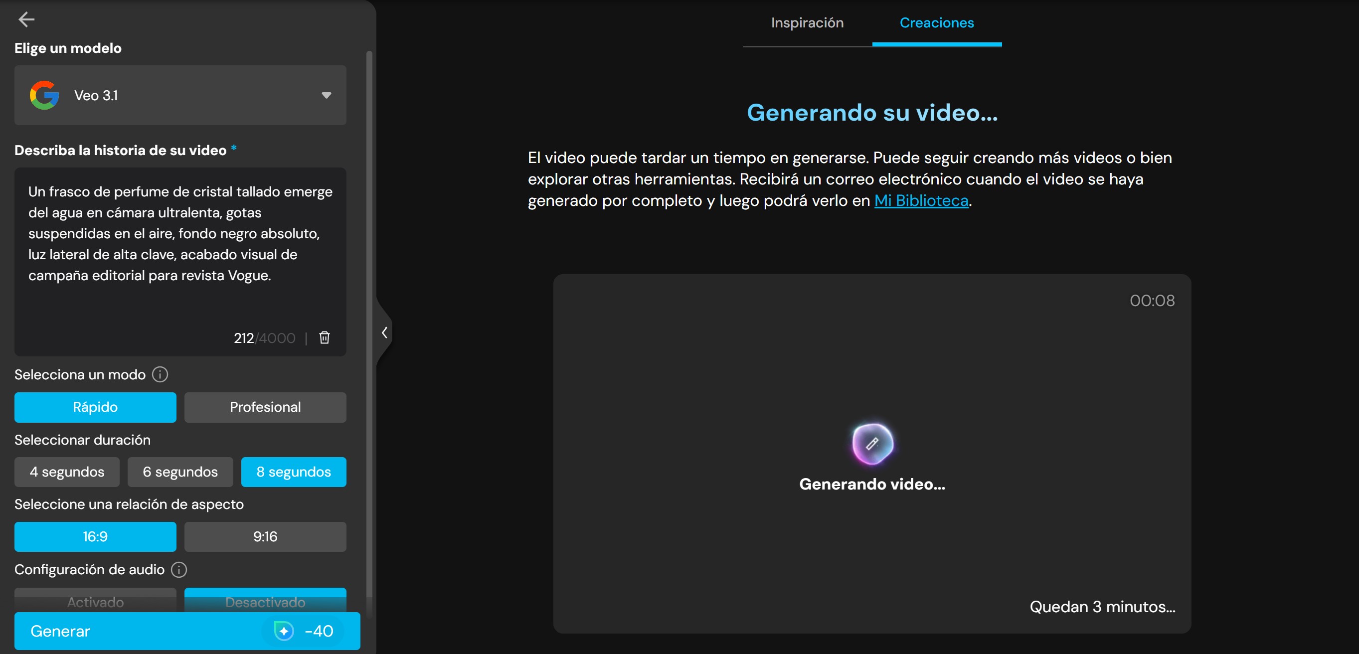 Interfaz del generador de texto a video de MyEdit