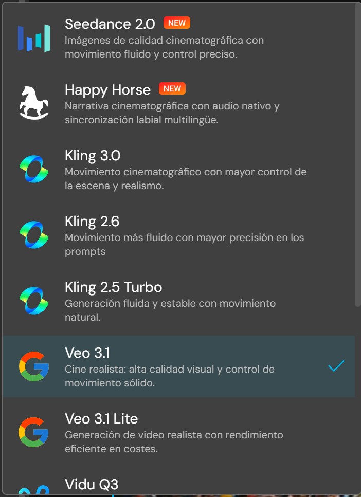 Selección de modelo en el generador de videos con IA de MyEdit para el Mundial 2026