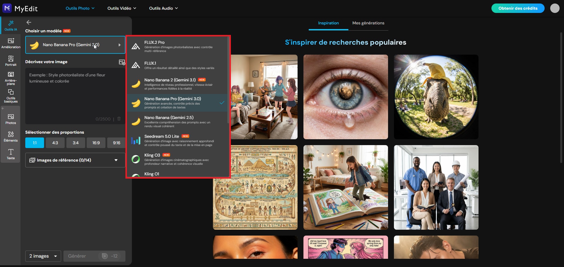 Sélection du modèle IA sur MyEdit pour générer une image