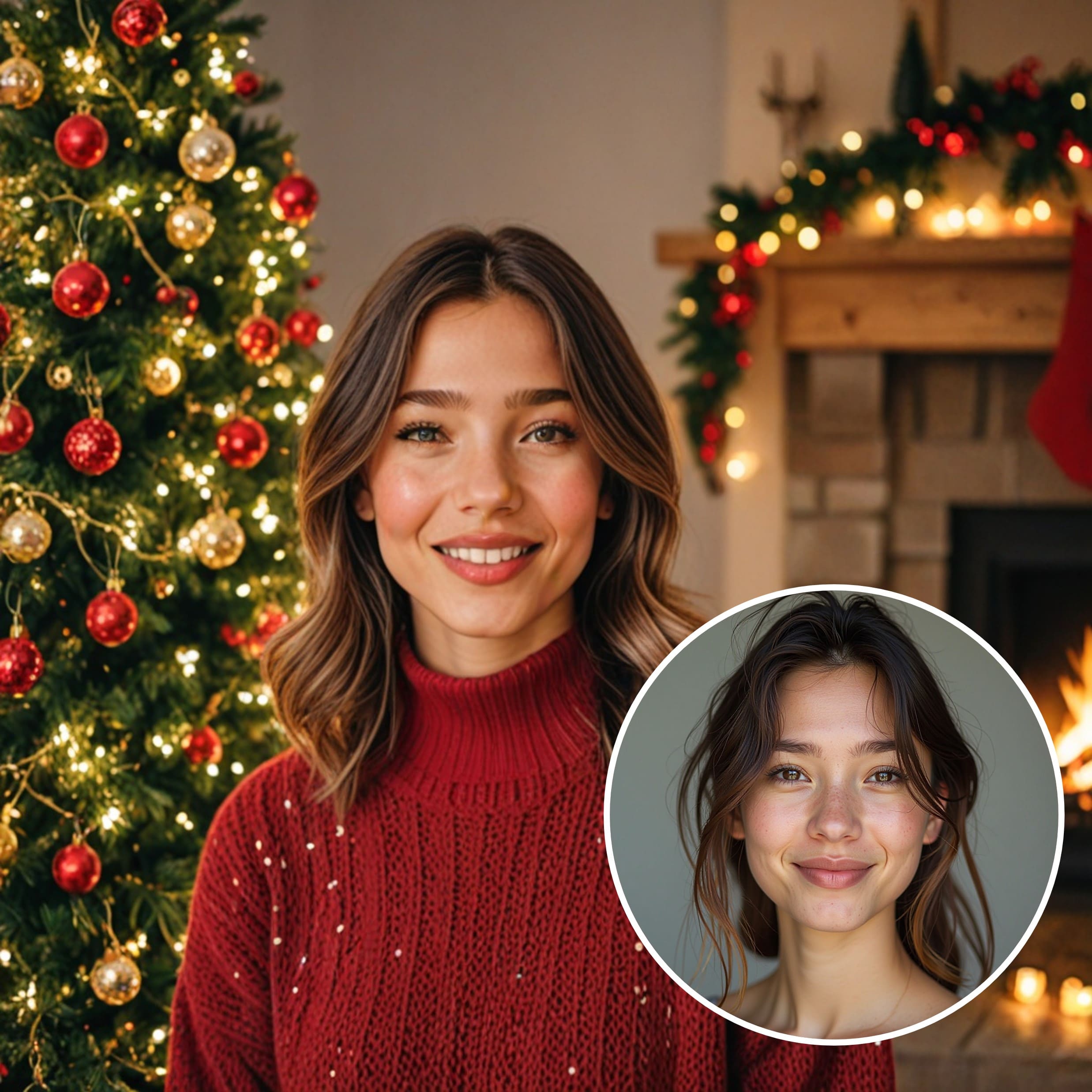 AI-generated Christmas portrait of a woman by a Christmas tree