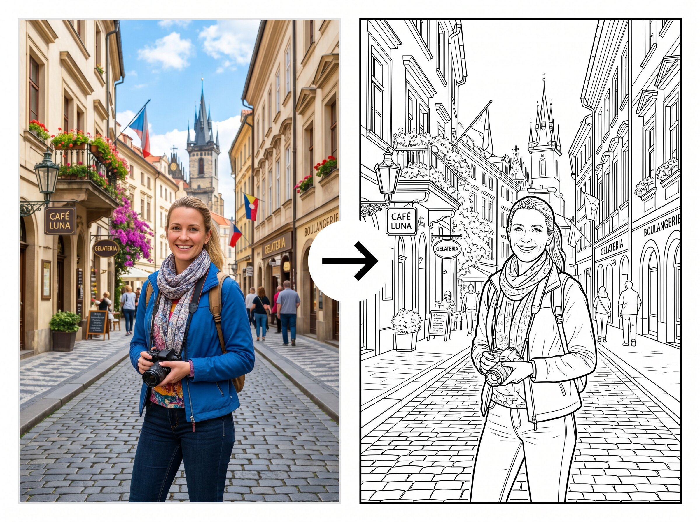 Comparaison entre un simple convertisseur photo en coloriage et le Générateur d'Images IA MyEdit montrant la différence de contrôle créatif