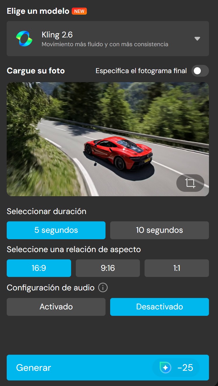 Interfaz del generador de imagen a video de MyEdit con Kling AI