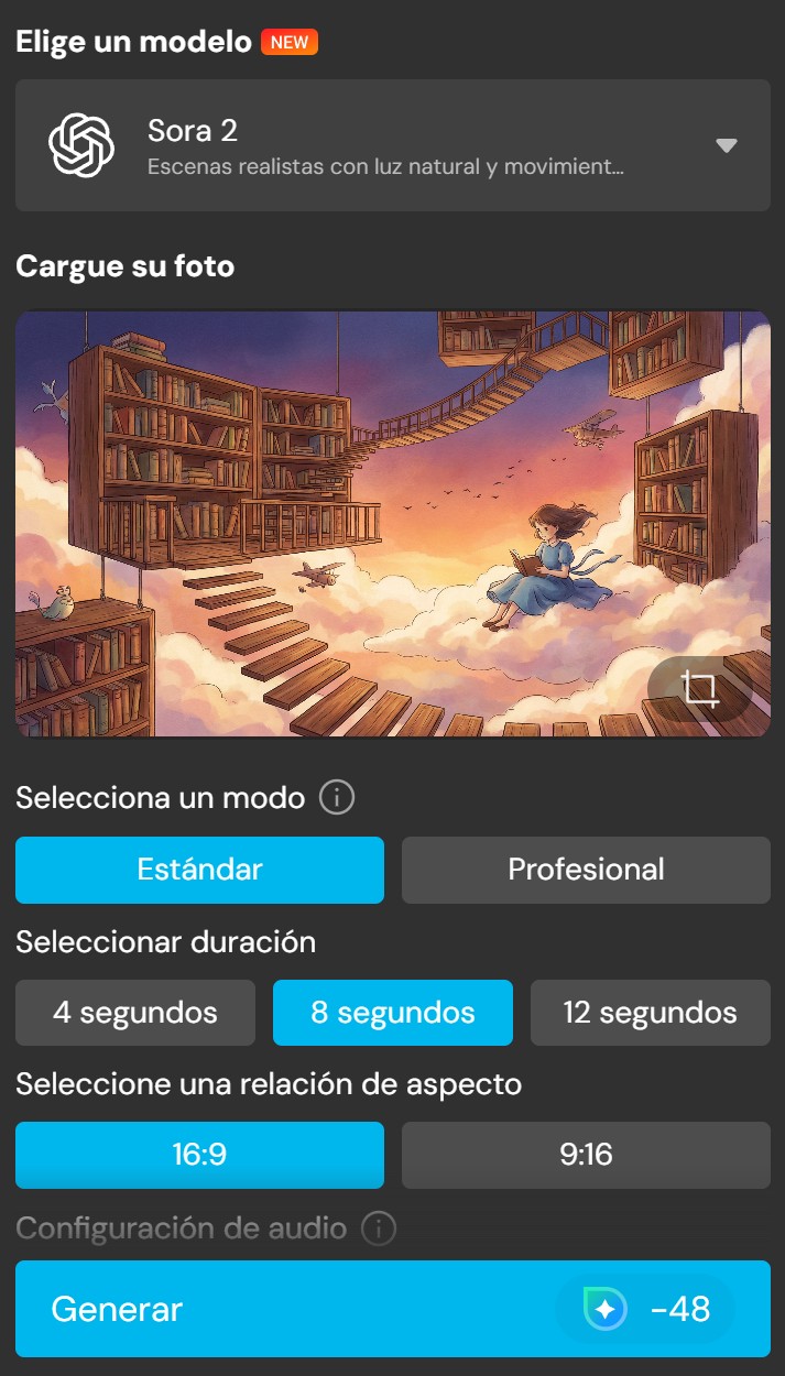 Interfaz del generador de imagen a video de MyEdit con Sora 2