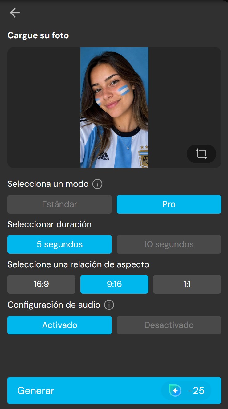 Subir una foto a Imagen a video de MyEdit para crear un video del Mundial 2026