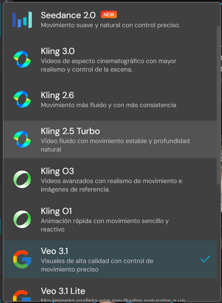 Selector de modelos en modo Personalizado de Imagen a video de MyEdit