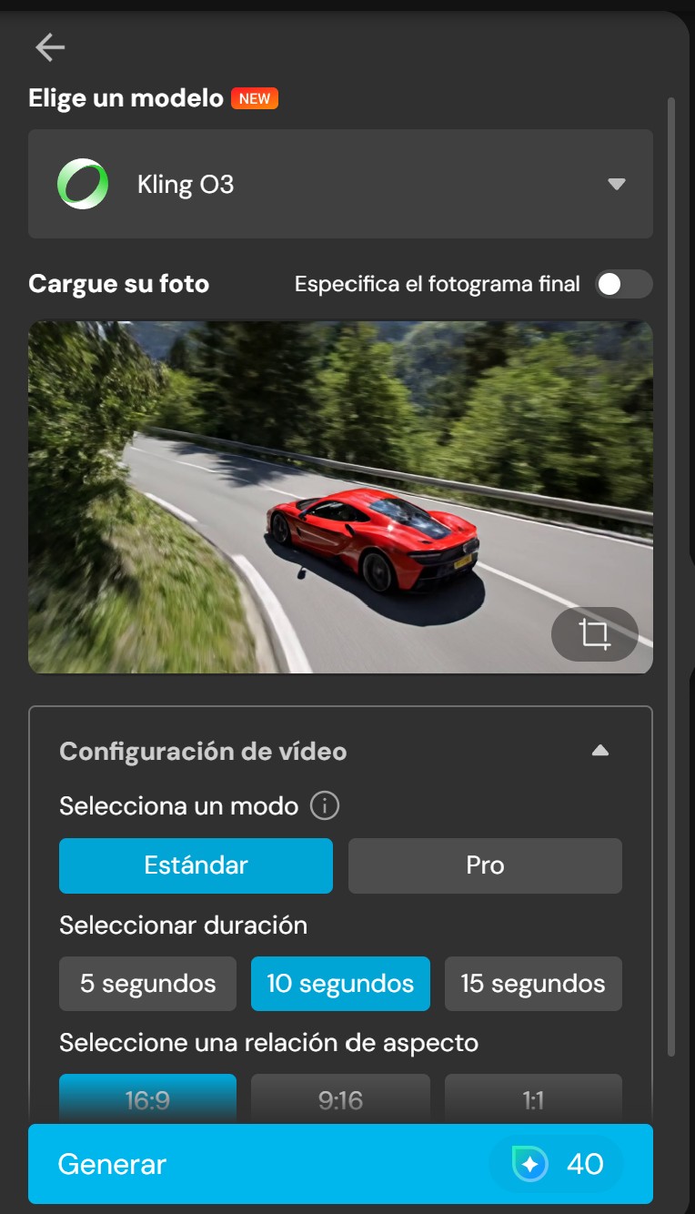 Interfaz del generador de imagen a video de MyEdit con Kling AI