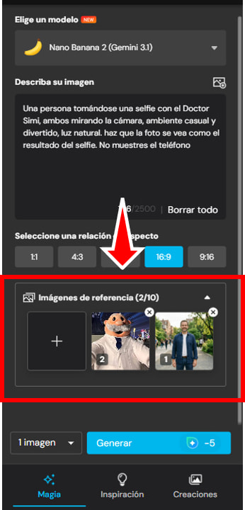 Opción para usar imágenes de referencia para generar imágenes con IA de Myedit