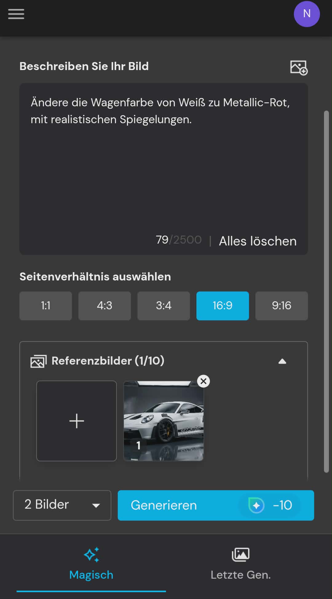 KI-Bildgenerator-Interface von MyEdit: Ein weißer Porsche-Sportwagen ist als Referenzbild hochgeladen.