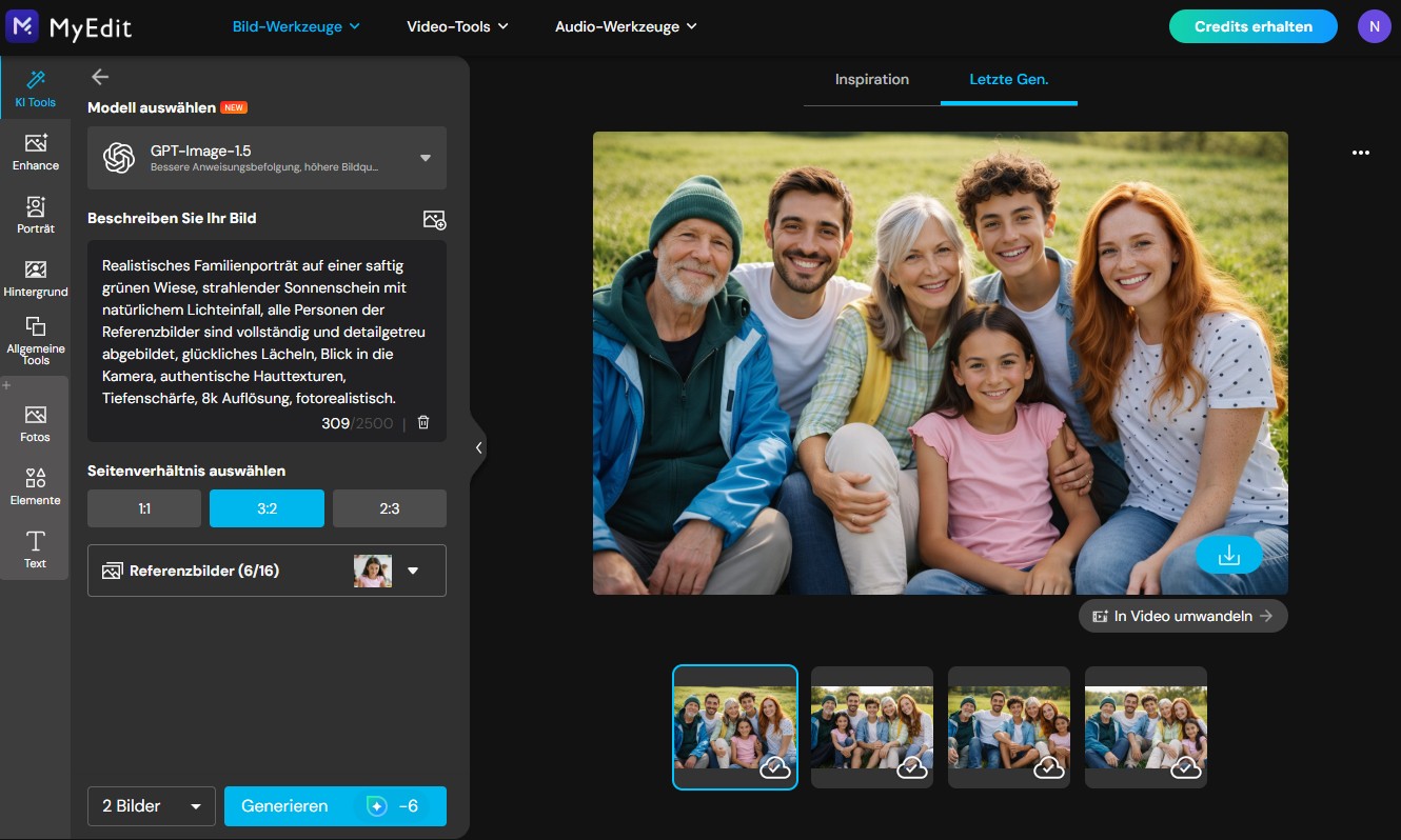 Benutzeroberfläche des MyEdit KI-Bildgenerators mit einem eingegebenen Prompt für ein fotorealistisches Familienporträt auf einer grünen Wiese und den generierten Vorschaubildern.