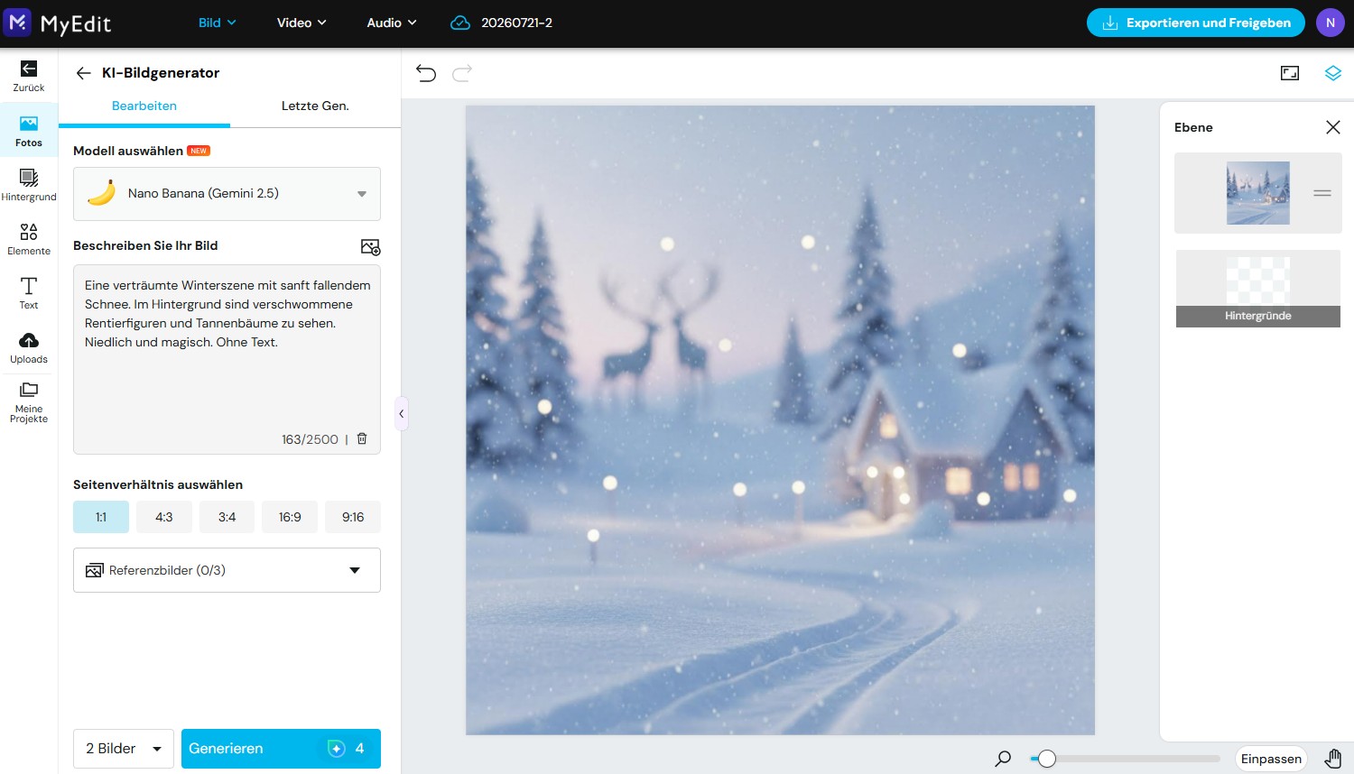Anleitung im KI-Bildgenerator von MyEdit mit eingegebenem Prompt für eine verschneite Weihnachtslandschaft.