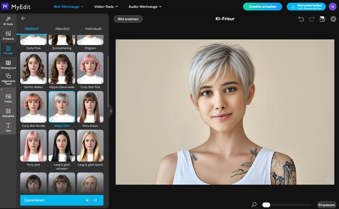 Ansicht des KI-Frisuren-Editors von MyEdit mit Fokus auf Stil-Vorlagen: Das Bild zeigt eine Frau mit einem kurzen silbernen Pixie-Cut. Im linken Seitenmenü sind verschiedene vordefinierte Frisuren-Styles zur Auswahl abgebildet.